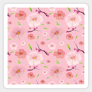 Pink Hibiscus and Sakura Red Background Magnet